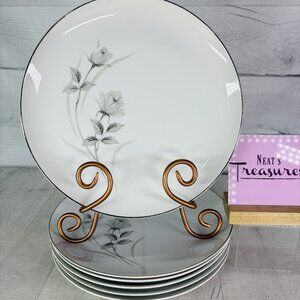 60's Harmony House China HARMONY ROSE 3504 Gray Floral White Dinner Plate Set 6